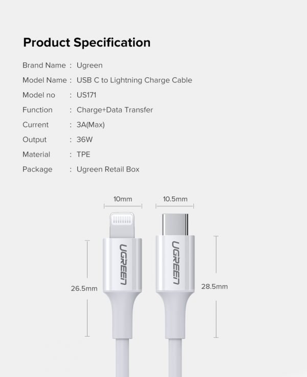 5_1732706895.jpg Ugreen USB C To Lightning M/M Cable Rubber Shell 60W 1M White