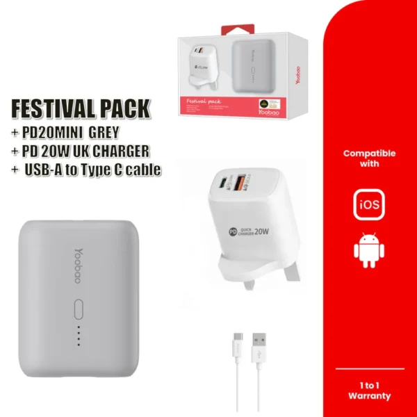 SKU_-04-FestivalPackGrey-1.webp Yoobao PD20 Mini 10000mAh Fast Charging Super Mini Power Bank/ Festival Pack PD 20W Charger Set QC18W/PD20W