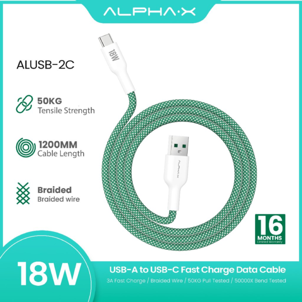 my-11134207-7rasg-m1f87tel608245.png ALPHA·X ALUSB 2C Data Cable USB A to Type C 1.2m Braided Cable Heat Protection (Green)